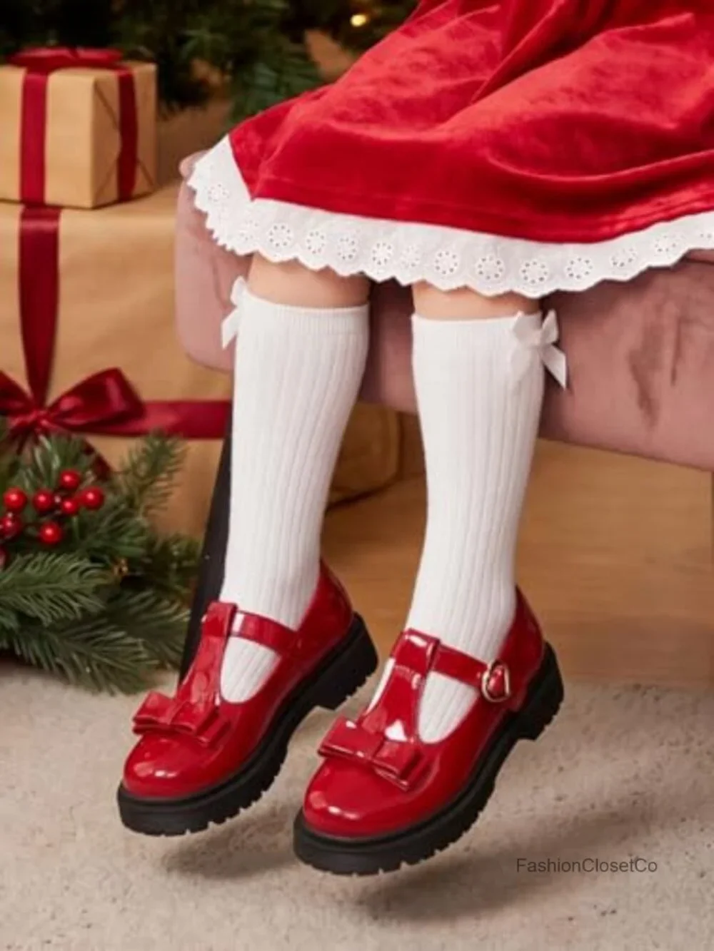 Girls Mary Jane Flats Bow Chunky Platform Loafers Faux Leather Hook-Loop Dress